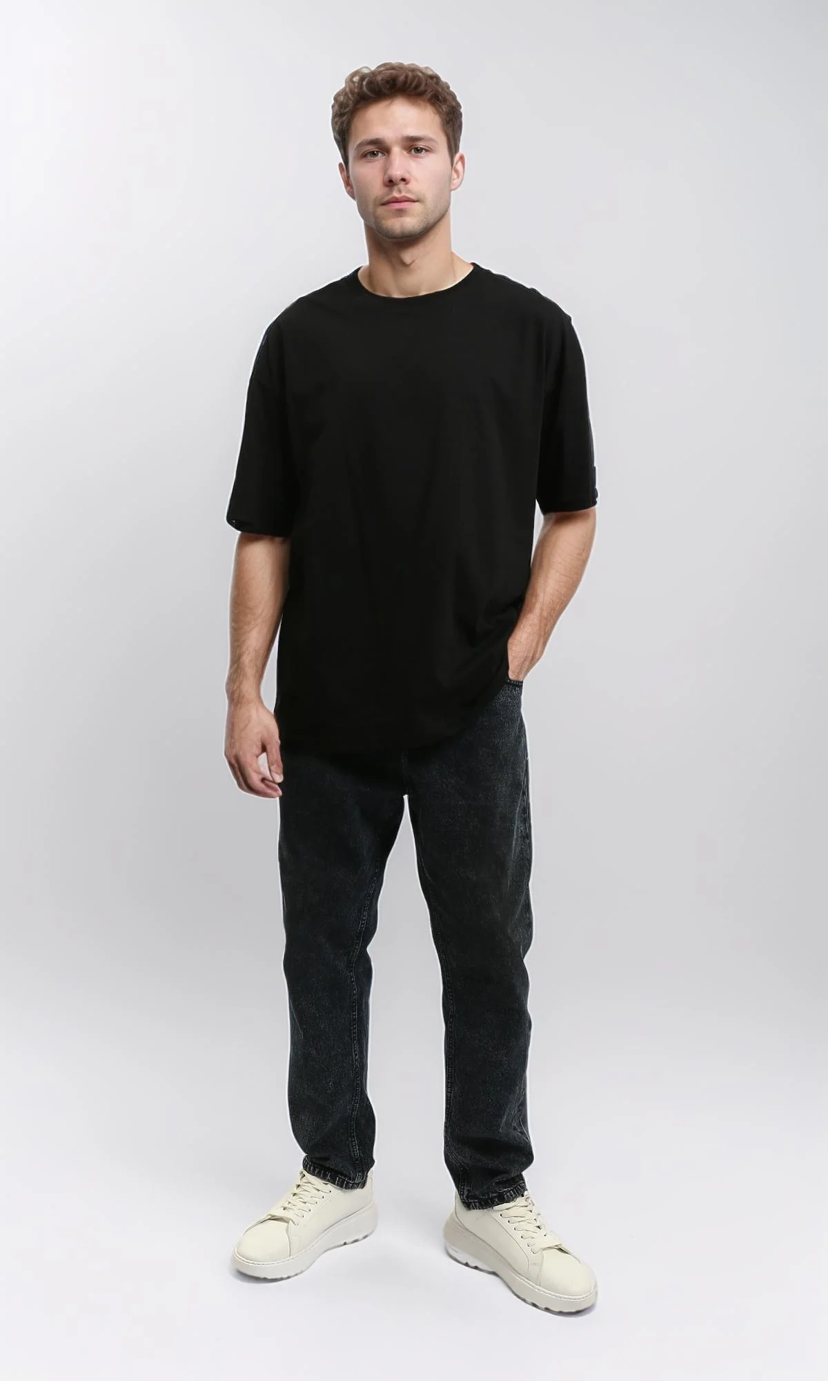 R215861 - Elbow-Sleeves Solid Relaxed Basic Tee - Black - Image 5