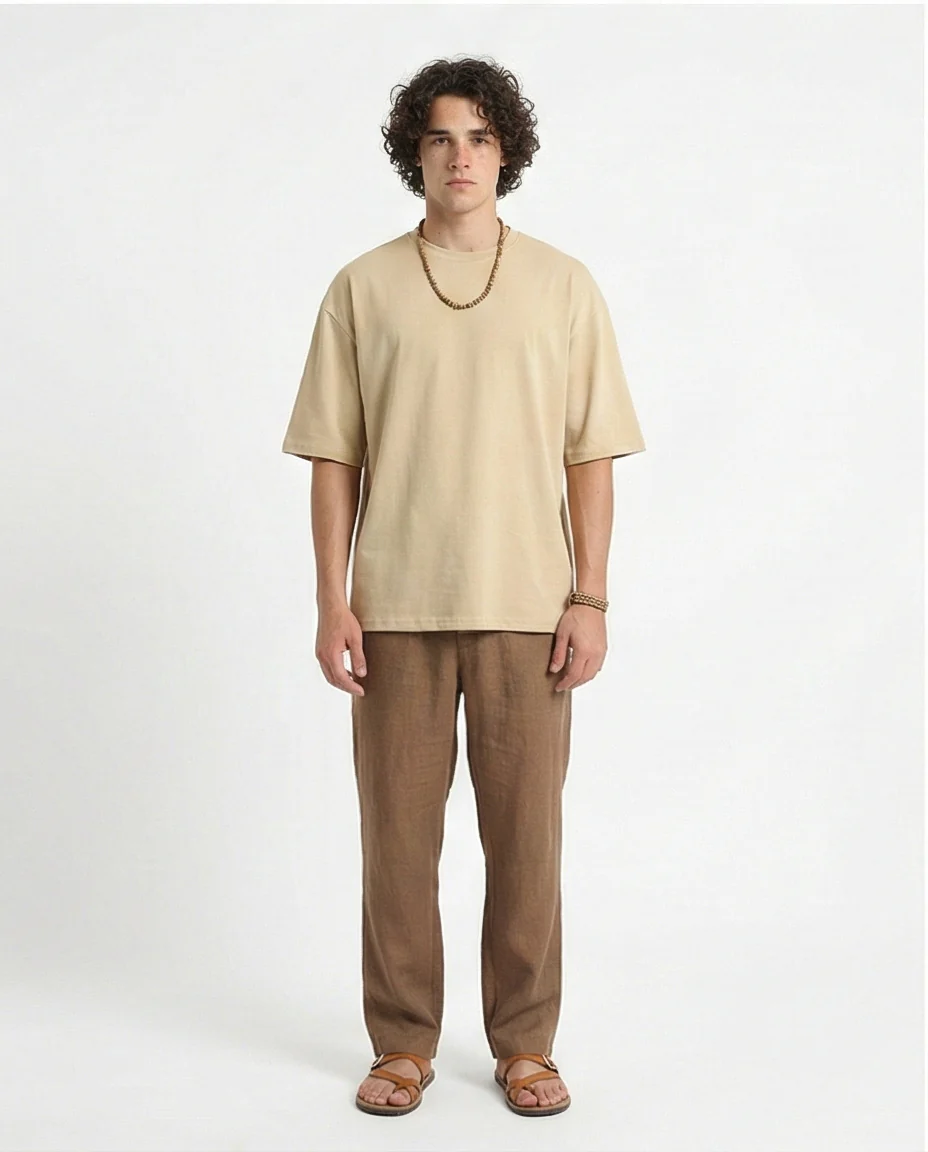 R215864 - Crew Neck Solid Elbow Sleeves Tee - Dark Beige - Image 3