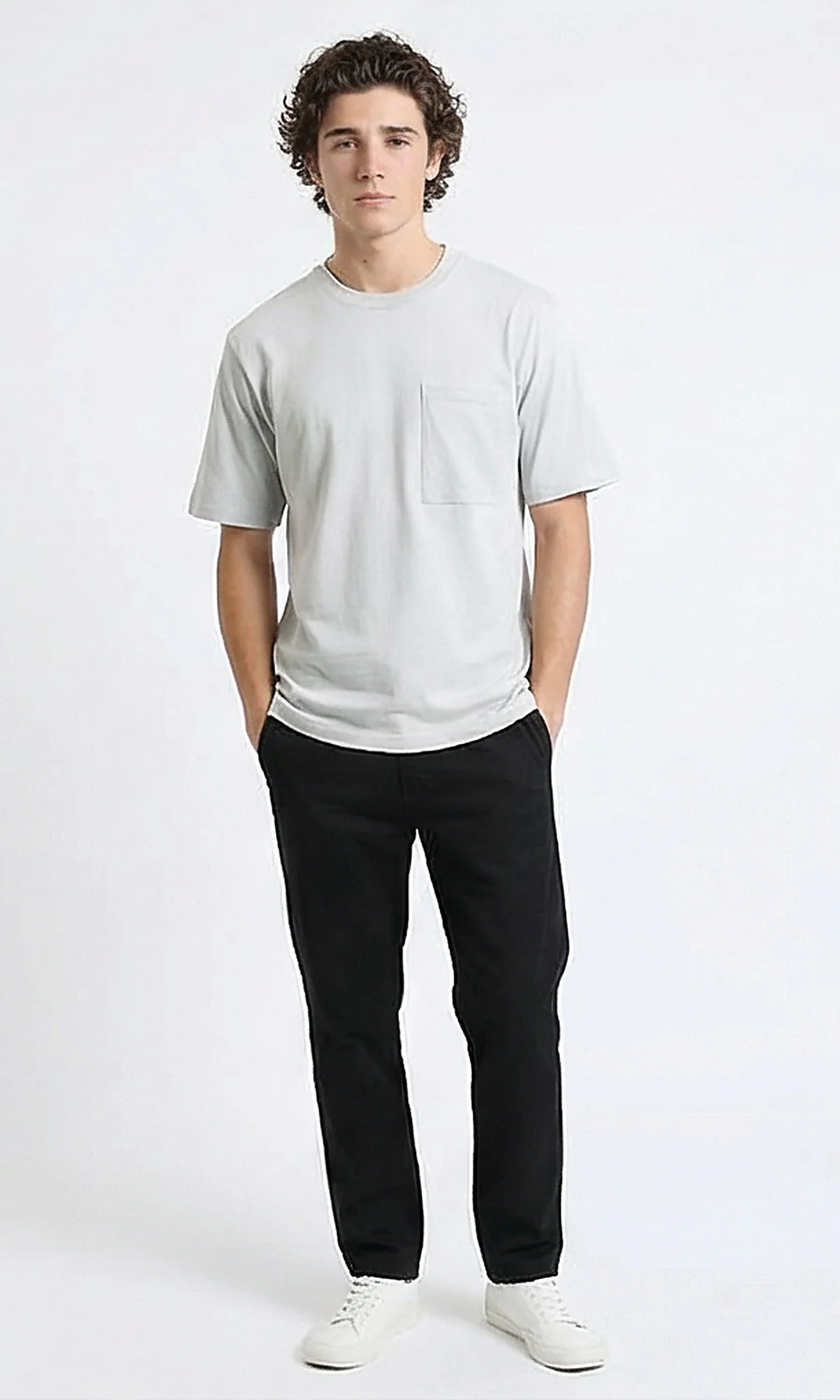 R215869 - Solid Basic Tee with Front Pocket - Light Grey - Image 5