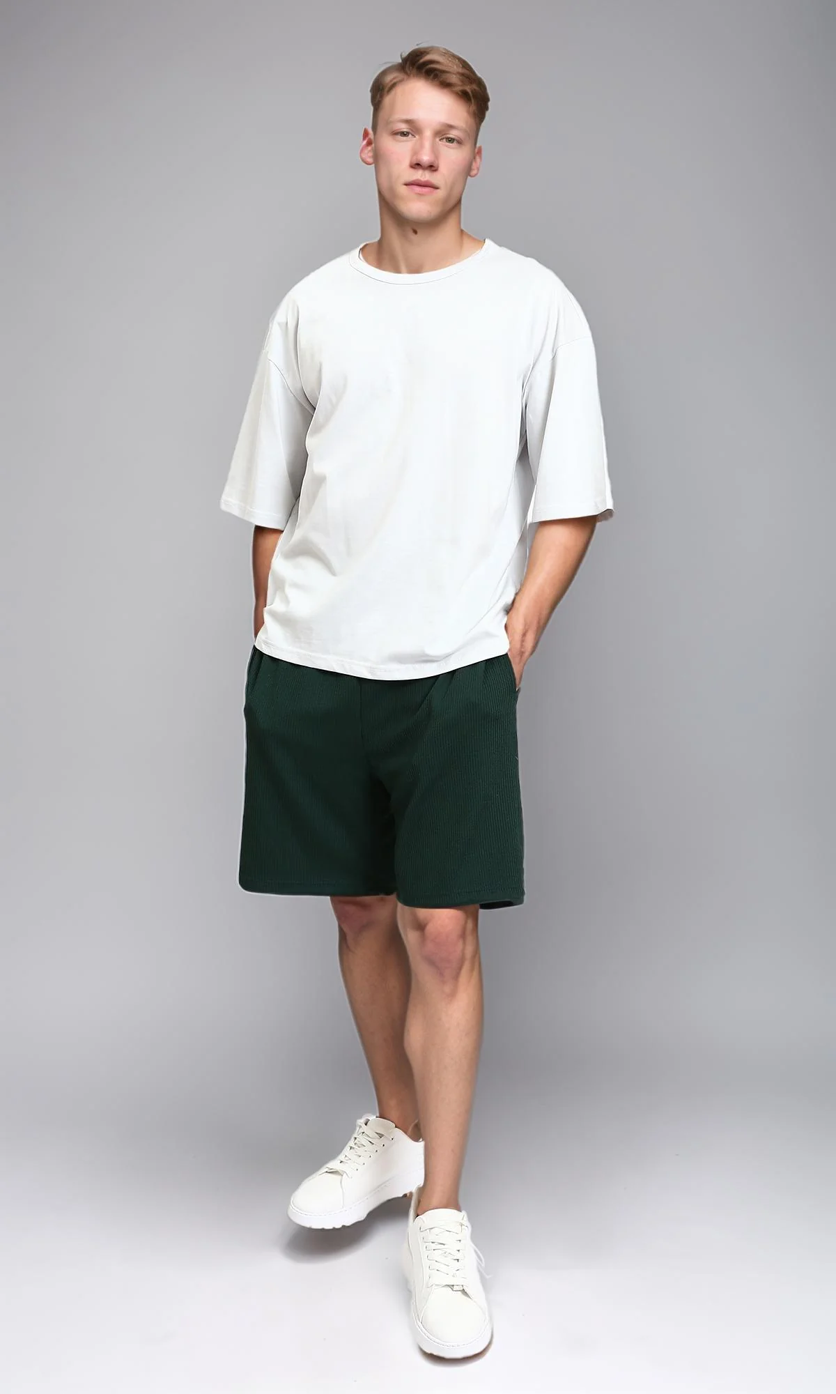 R215874 - Solid Elbow Sleeves Cotton Tee - Light Grey - Image 5