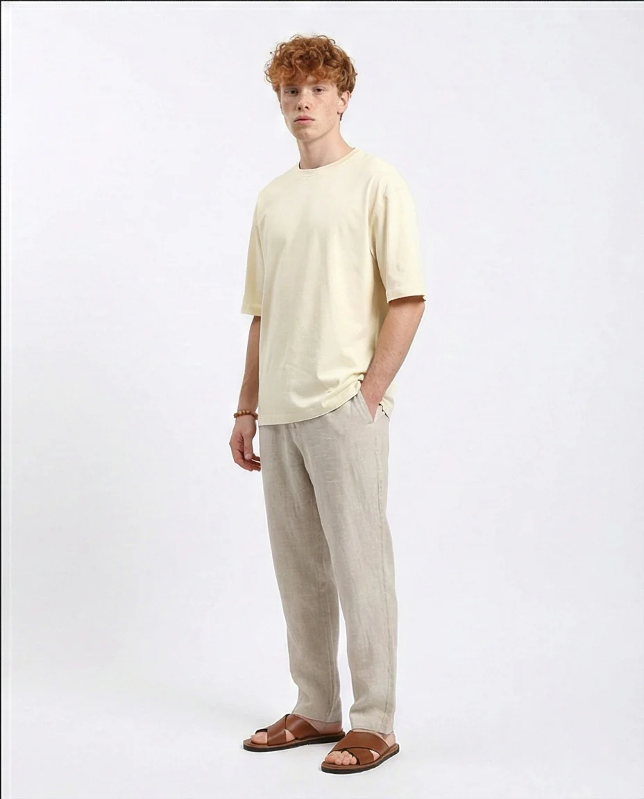 R215876 - Comfy Elbow-Sleeves Cotton Tee - Light Beige - Image 3
