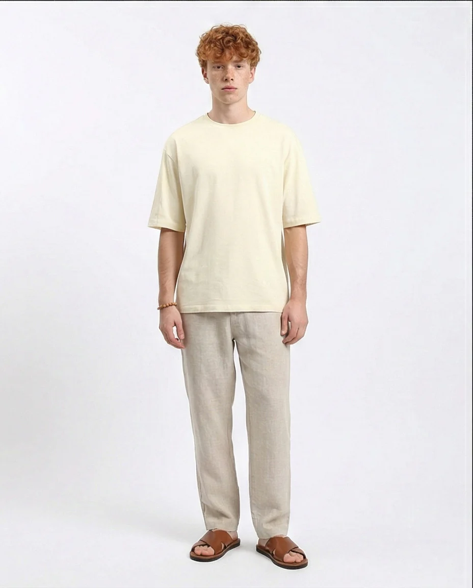 R215876 - Comfy Elbow-Sleeves Cotton Tee - Light Beige - Image 4
