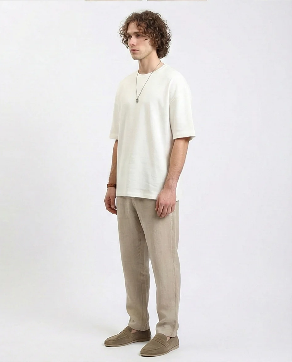 R215966 - Solid Crew Neck Relaxed Fit Tee - Off-White - Image 4