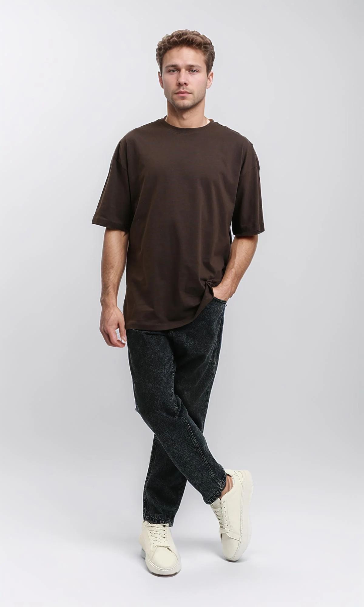 R216106 - Solid Crew Neck Relaxed Fit Tee - Burnt Brown - Image 4