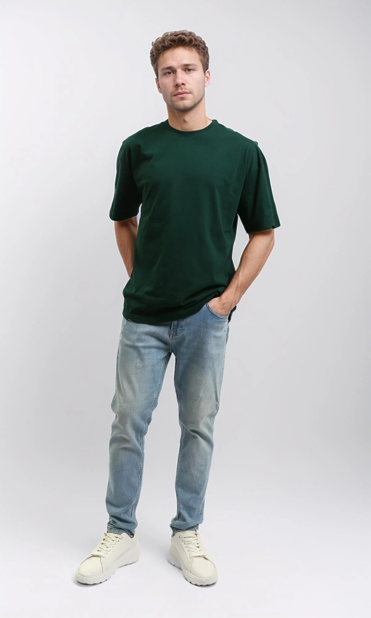 R216107 - Solid Crew Neck Relaxed Fit Tee - Dark Green - Image 5