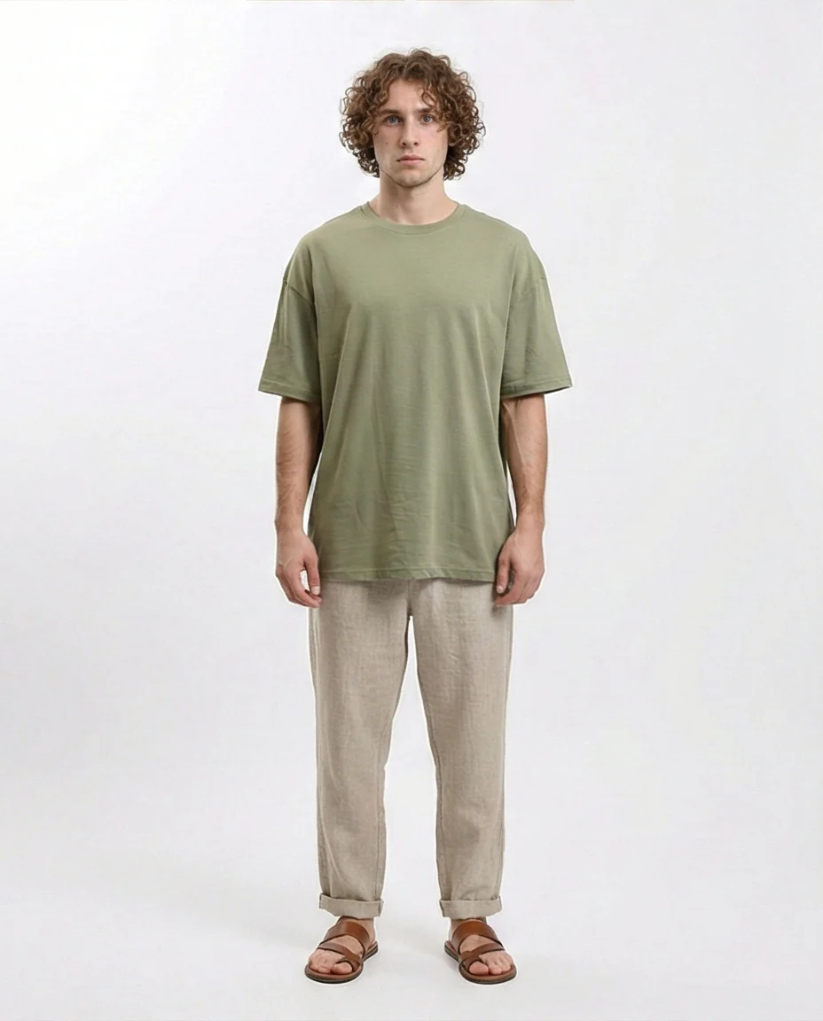 R216108 - Solid Crew Neck Relaxed Fit Tee - Olive - Image 2