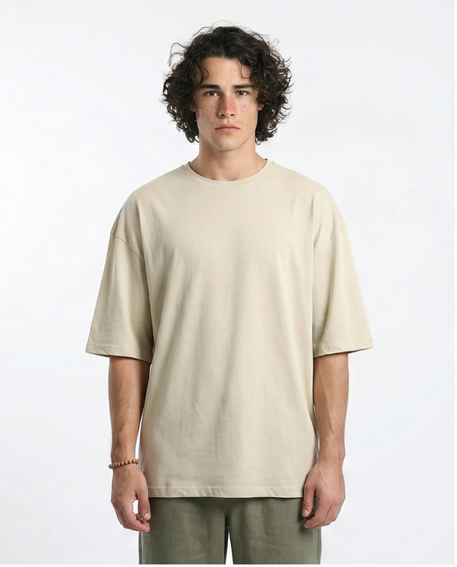 R216111 - Solid Crew Neck Relaxed Fit Tee - Light Beige