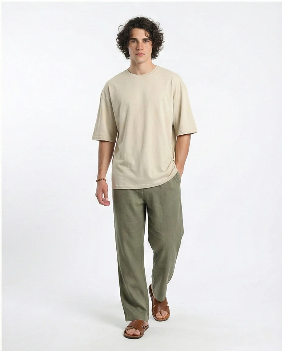 R216111 - Solid Crew Neck Relaxed Fit Tee - Light Beige - Image 5