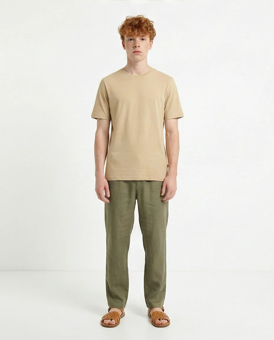 R216113 - Solid Crew Neck Relaxed Fit Tee - Dark Beige - Image 3