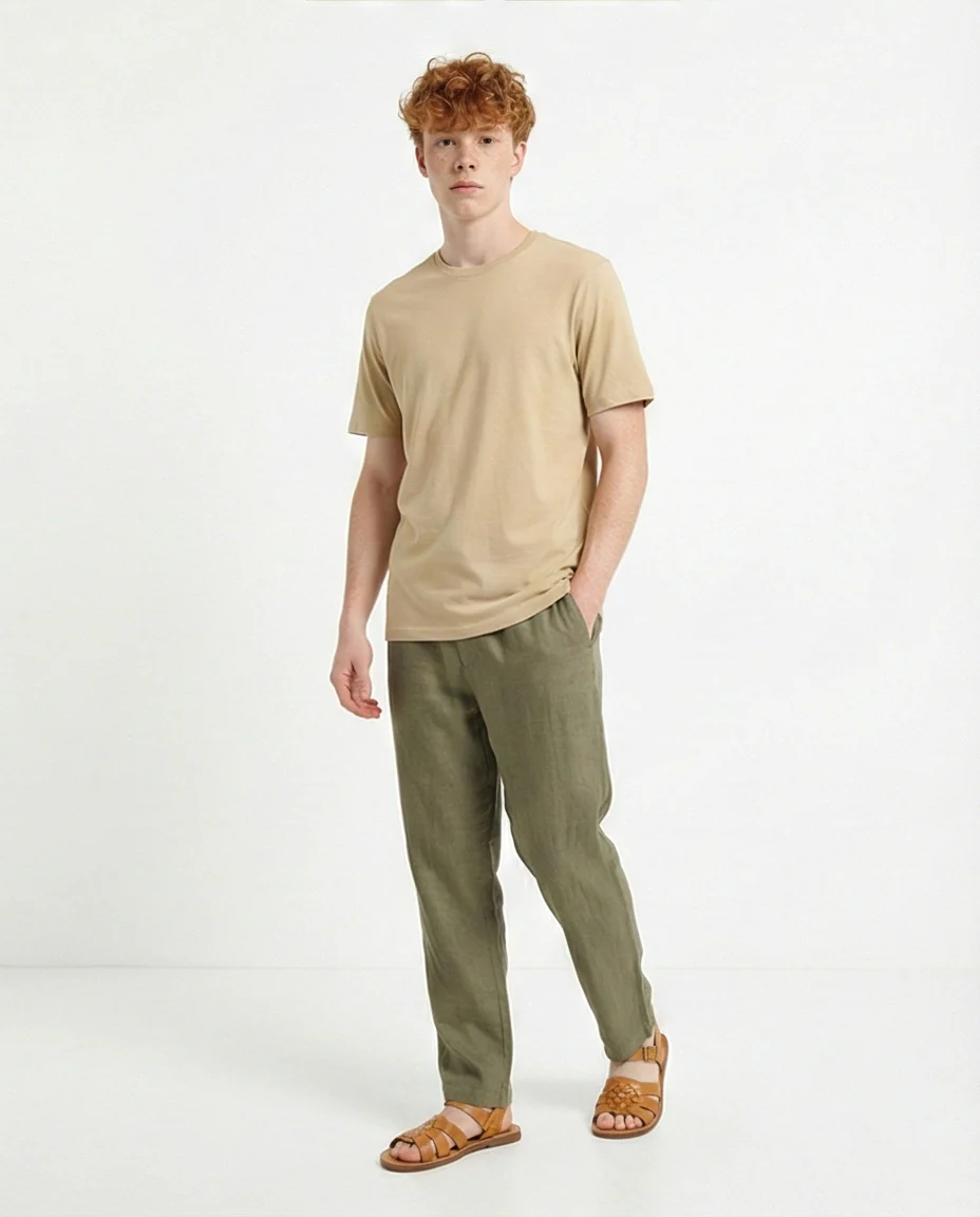 R216113 - Solid Crew Neck Relaxed Fit Tee - Dark Beige - Image 4