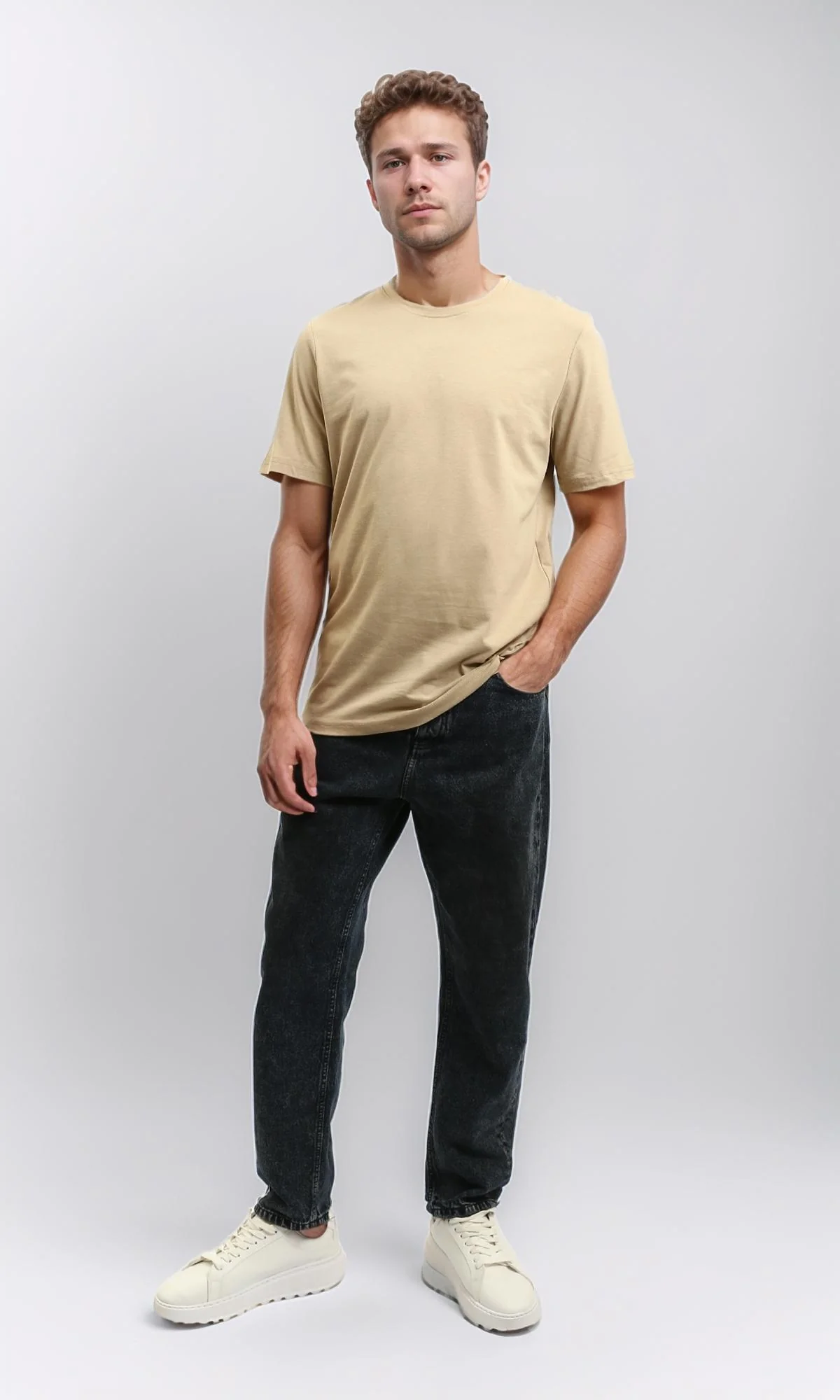 R216113 - Solid Crew Neck Relaxed Fit Tee - Dark Beige - Image 5