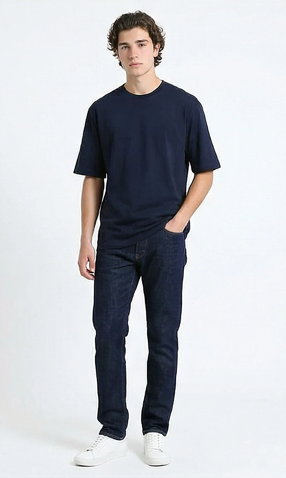 R216116 - Elbow Sleeves Solid Regular Fit Tee - Navy Blue - Image 4