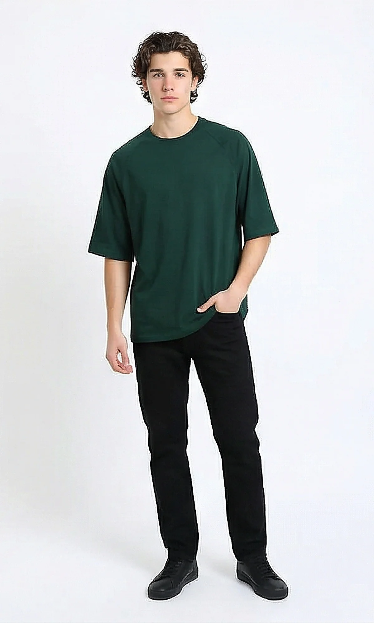 R216120 - Slip On Elbow Sleeves Basic Tee - Dark Green - Image 4
