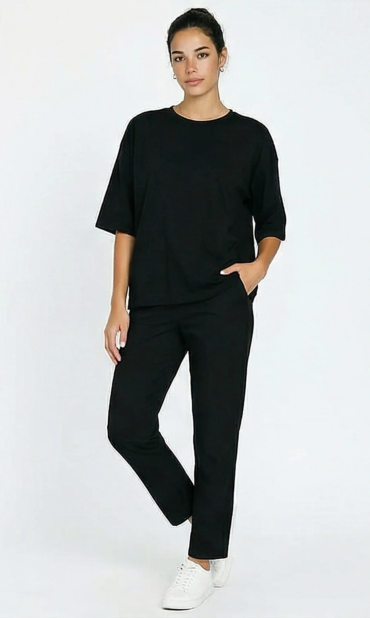 R216135 - Slip On Solid Elbow Sleeve Tee - Black - Image 4