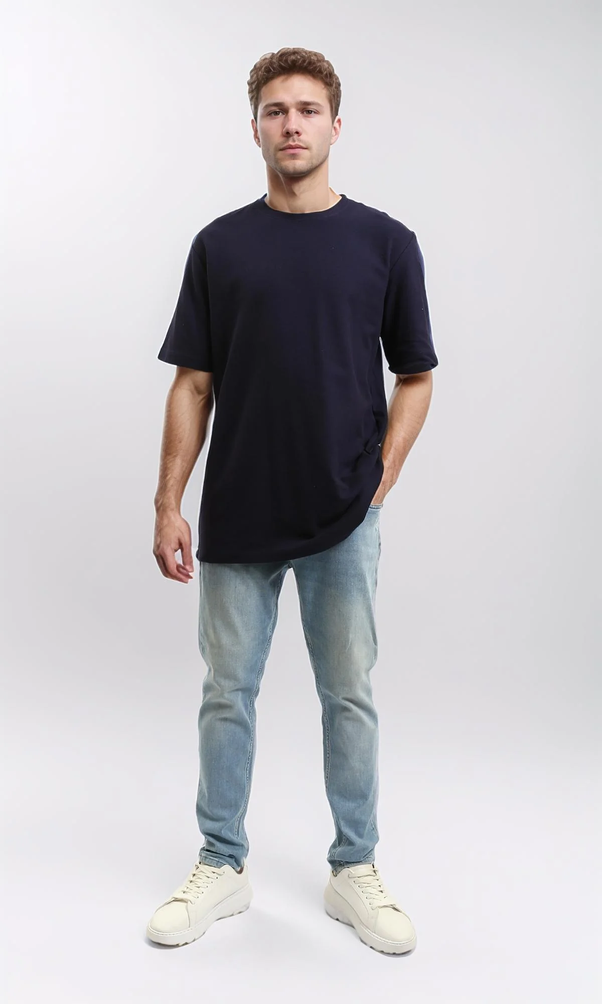 R216165 - Solid Crew Neck Relaxed Fit Tee - Navy Blue - Image 5