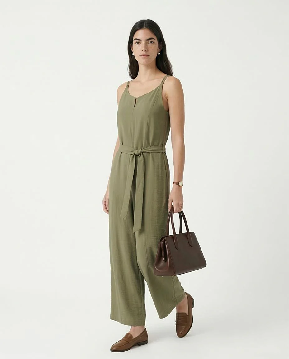 Self-Tie Belted Wide-Leg Jumpsuit in Olive - R216763 - Image 3