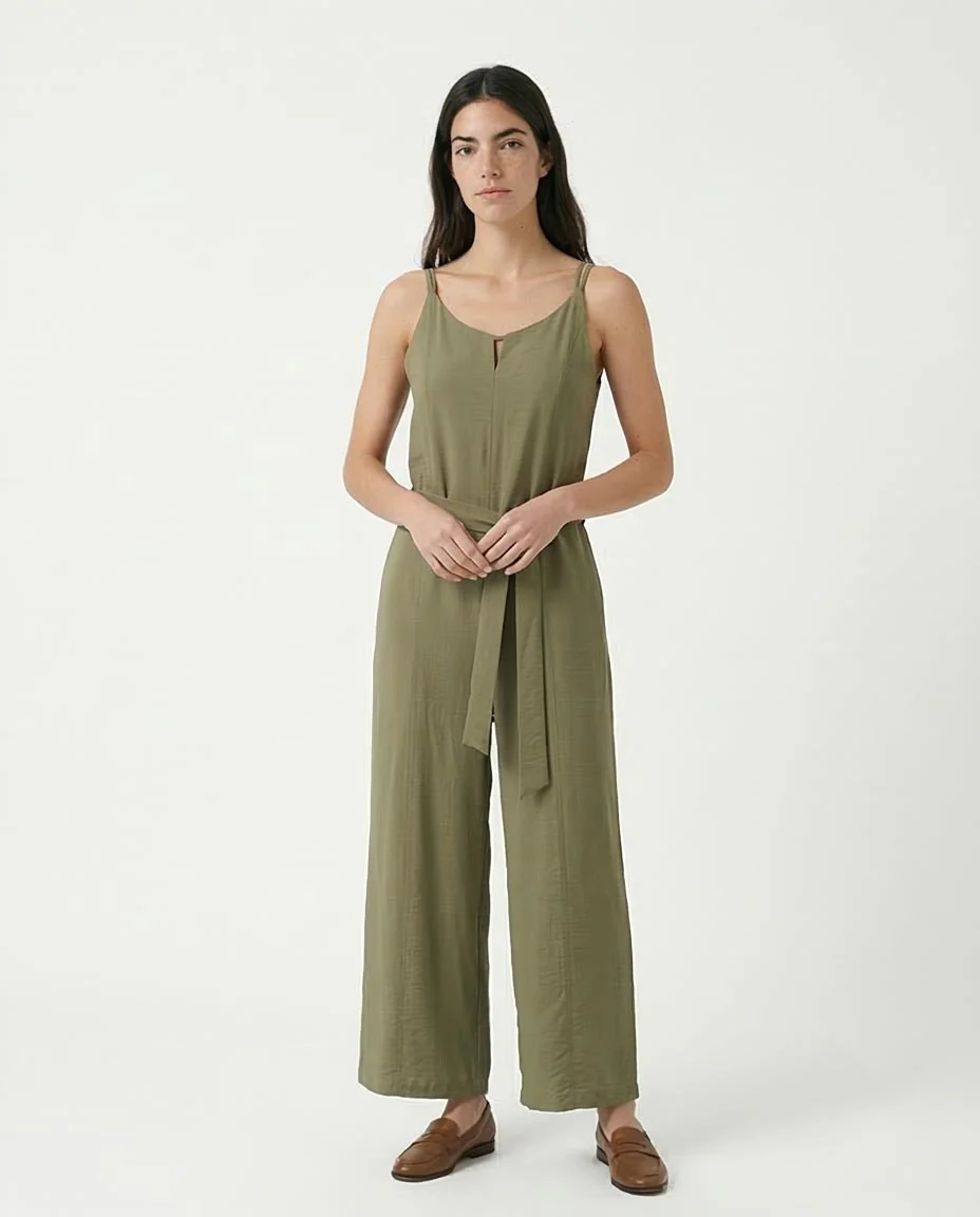 Self-Tie Belted Wide-Leg Jumpsuit in Olive - R216763 - Image 4